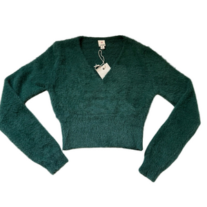 IJOAH Women’s Emerald Green Fuzzy V-Neck Wrap Sweater Top - Sz Small, NWT